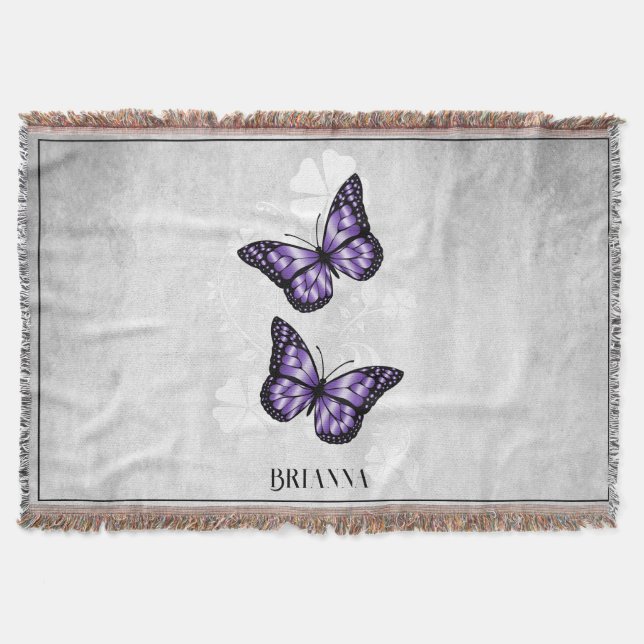 Purple Butterfly Floral Personalized Throw Blanket (Front)