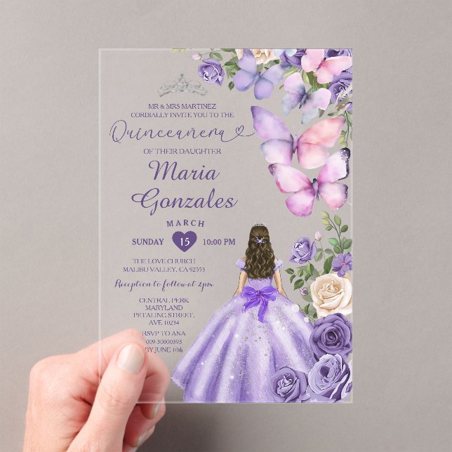 Purple Butterfly Floral Princess Dress Quinceañera Acrylic Invitations (Insitu (Handheld))