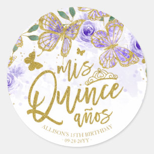 Purple Butterfly Floral Quinceanera Favor Classic Round Sticker
