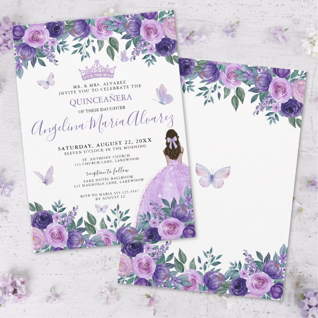 Purple Butterfly Floral Quinceañera Invitation (Purple Butterflies Floral Quinceañera Invitation)