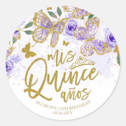 Purple Butterfly Floral Quinceanera Party Classic Round Sticker