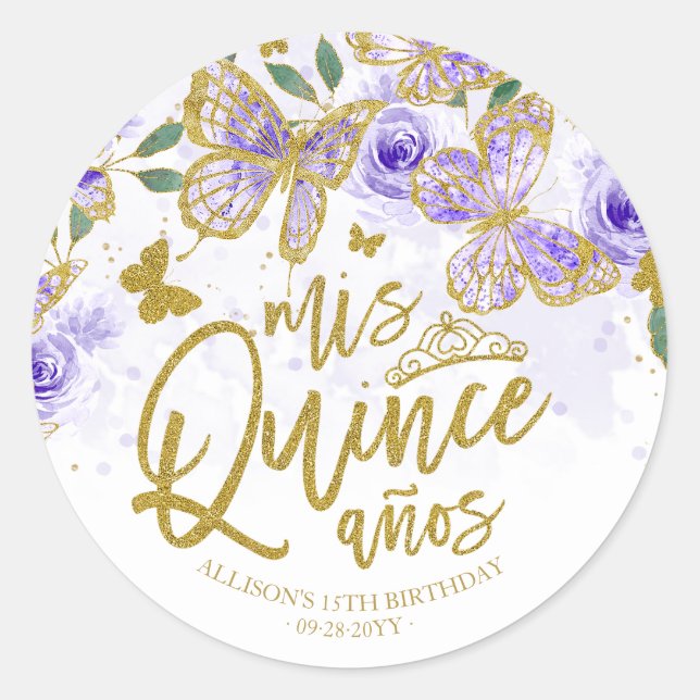 Purple Butterfly Floral Quinceanera Party Classic Round Sticker (Front)
