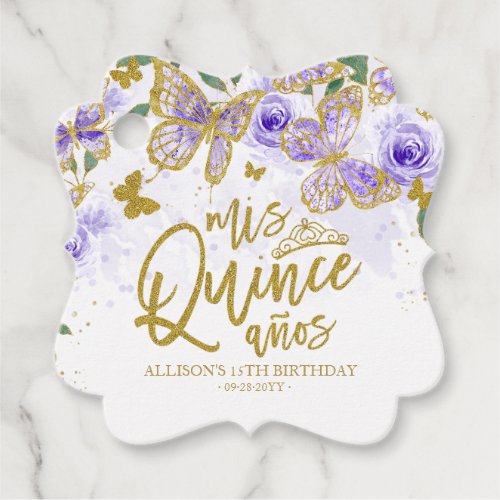 Purple Butterfly Floral Quinceanera Party Favor Tags