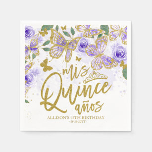 Purple Butterfly Floral Quinceanera Party Napkins