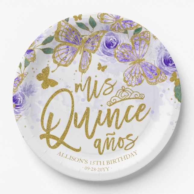 Purple Butterfly Floral Quinceanera Party Paper Plates (Front)