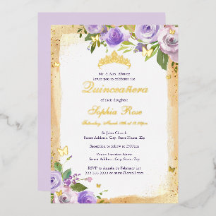 Purple Butterfly Floral Rose Quinceanera Foil Invitation