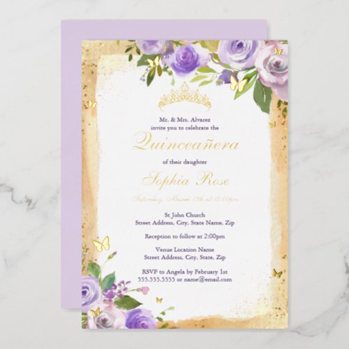 Purple Butterfly Floral Rose Quinceanera Foil Invitation