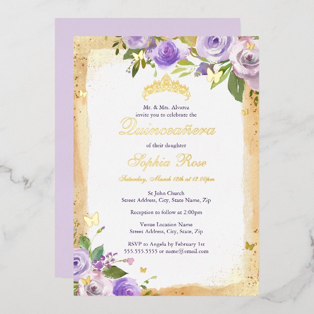Purple Butterfly Floral Rose Quinceanera Foil Invitation (Front/Back)