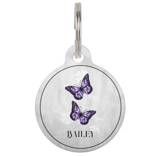 Purple Butterfly Floral Round Pet Tag