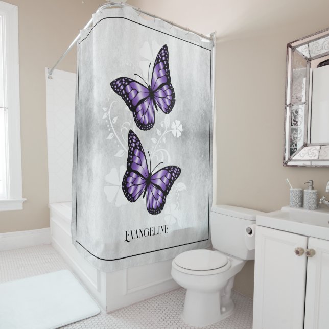 Purple Butterfly Floral Shower Curtain (In Situ)