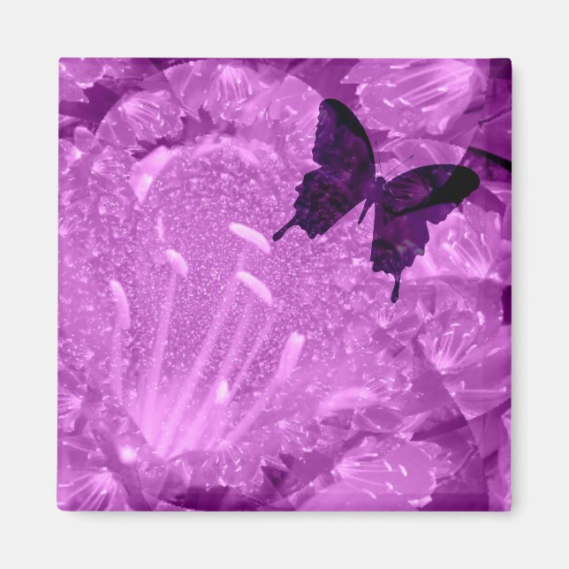 Purple Butterfly Floral Square Magnet (Front)