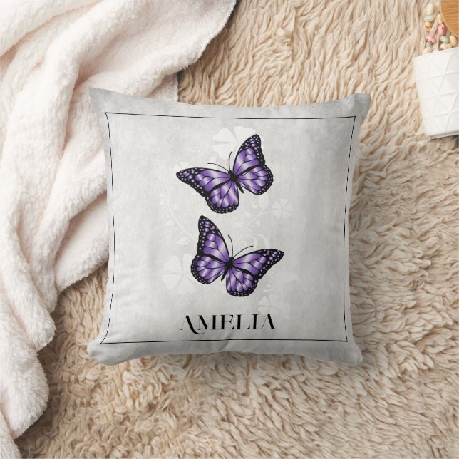 Purple Butterfly Floral Throw Pillow (Blanket)