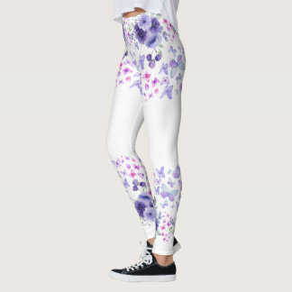 Purple Butterfly Floral Watercolor Leggings - Cute