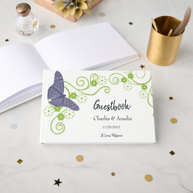 Purple Butterfly Floral Wedding Day Guestbook (Front Open)