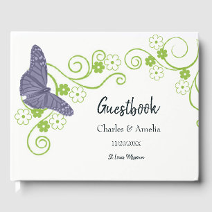 Purple Butterfly Floral Wedding Day Guestbook