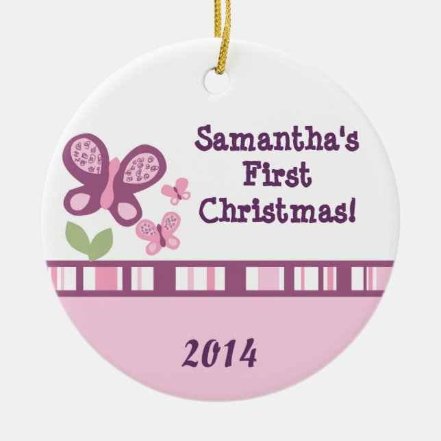Purple Butterfly Flower Personalized Name Ornament (Front)