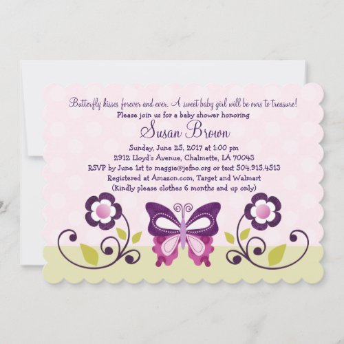 Purple Butterfly  Flowers Baby Shower Invitation