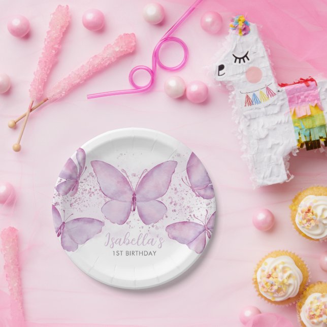 Purple Butterfly Girl 1st Birthday Paper Plate (Party)