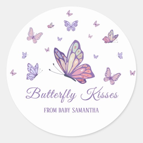 Purple Butterfly girl baby shower Classic Round Sticker