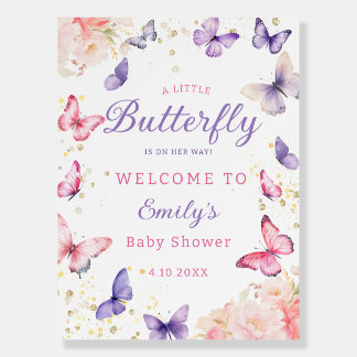 Purple Butterfly Girl Baby Shower Welcome Sign