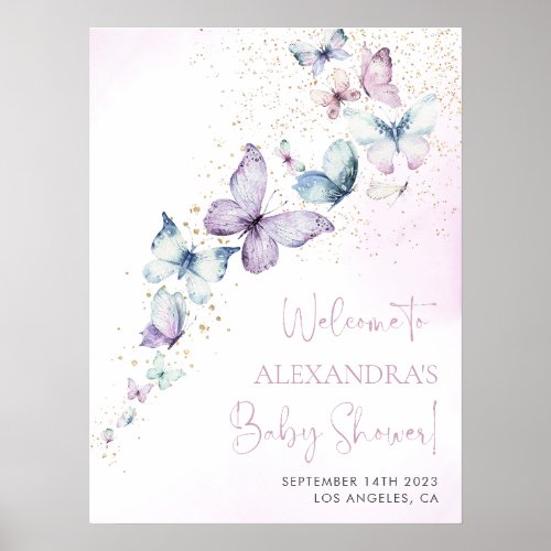 Purple Butterfly Girl Baby Shower Welcome Sign