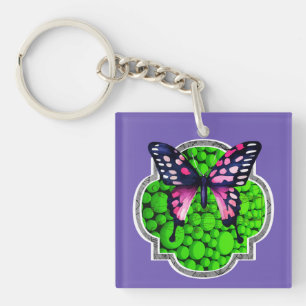 Purple Butterfly, Green Dots, Astrology Keychain