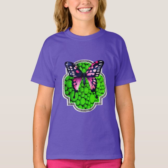Purple Butterfly, Green Dots, Astrology T-Shirt (Front)