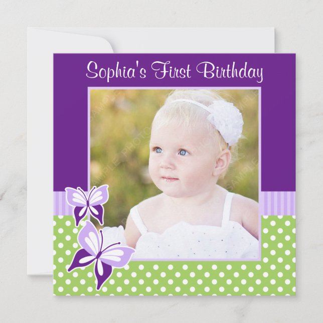 Purple Butterfly Green Polka Dot Birthday Photo Invitation (Front)