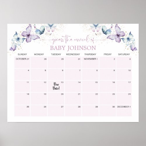 Purple Butterfly Guess The Due Date Calendar Poster