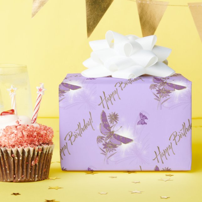 Purple Butterfly Happy Birthday Wrapping Paper (Birthday Party)