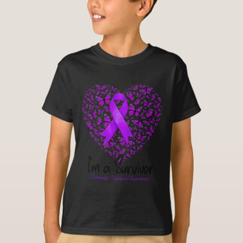 Purple Butterfly Heart Im A Survivor Domestic Vio T_Shirt