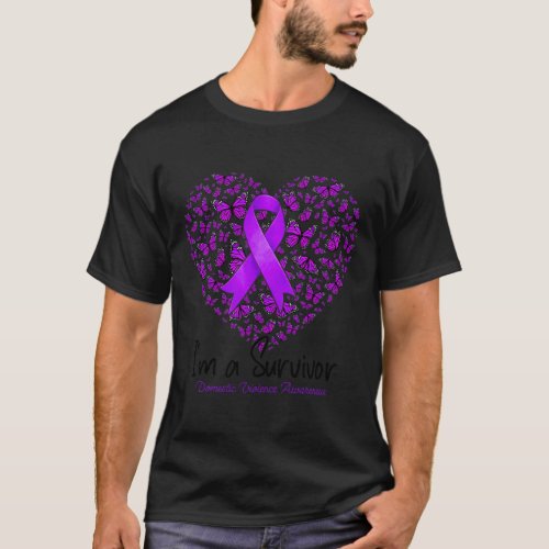 Purple Butterfly Heart Im A Survivor Domestic Vio T_Shirt