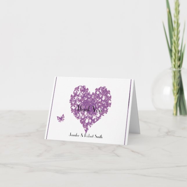 Purple Butterfly Heart Wedding Thank You Card (Front)
