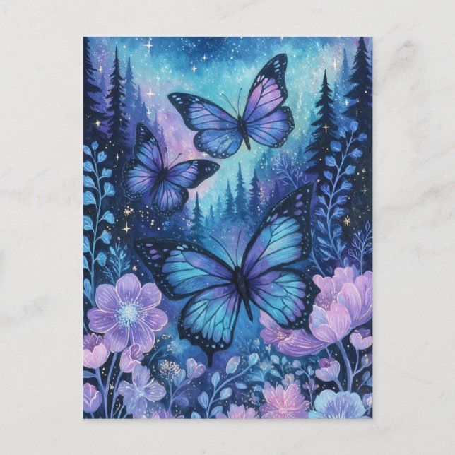 Purple Butterfly in Magical Pine Forest Night Sky Postcard (Front)