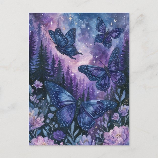 Purple Butterfly in Magical Pine Forest Night Sky Postcard (Front)