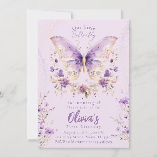 Purple Butterfly is Turning One 1st Birthday Invitation