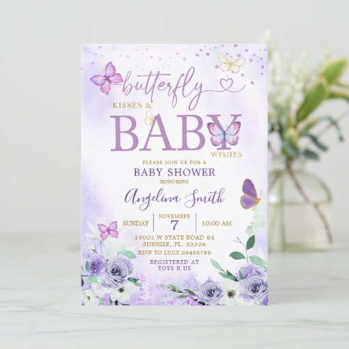 Purple Butterfly Kisses and Baby Wishes Invitation | Zazzle