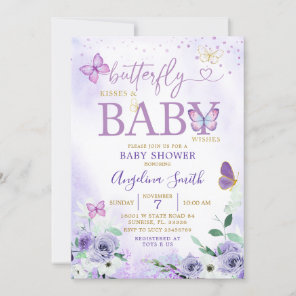 Purple Butterfly Kisses and Baby Wishes Invitation