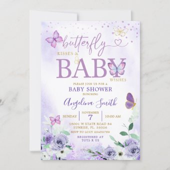 Purple Butterfly Kisses and Baby Wishes Invitation | Zazzle