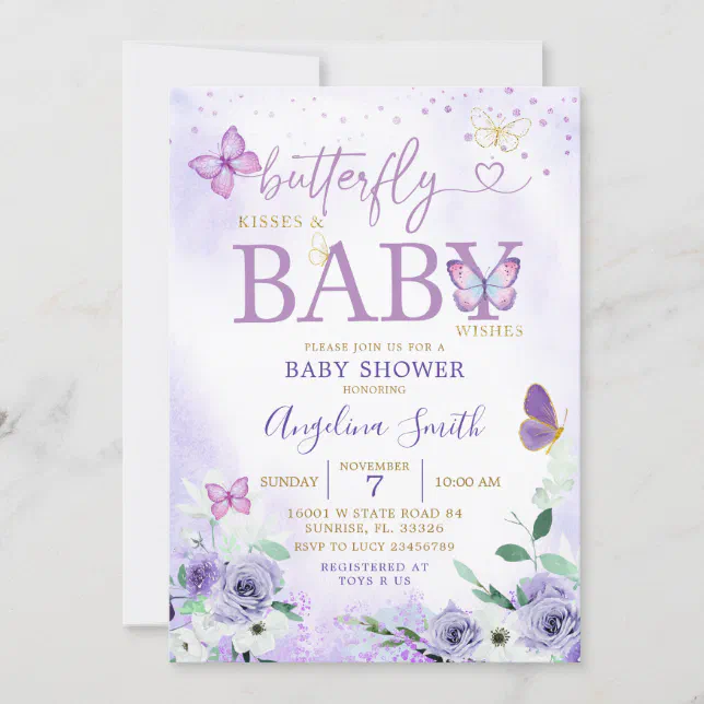 Purple Butterfly Kisses And Baby Wishes Invitation 