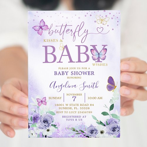 Purple Butterfly Kisses and Baby Wishes Invitation