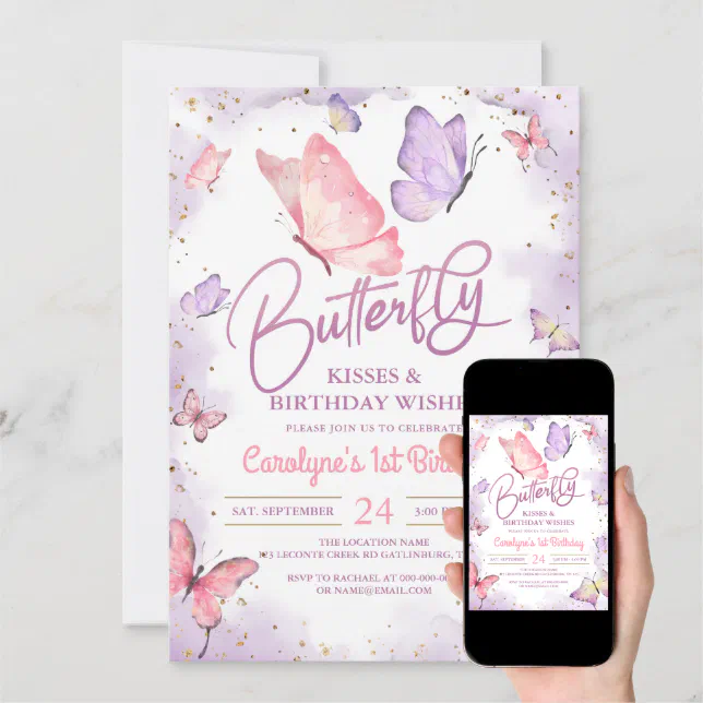 Purple Butterfly Kisses and Birthday Wishes Invitation Zazzle