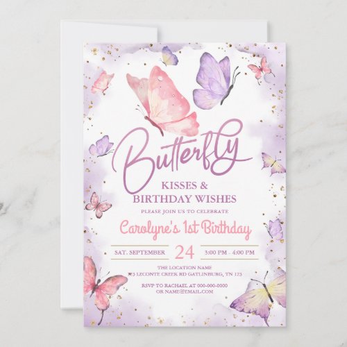 Purple Butterfly Kisses and Birthday Wishes Invitation