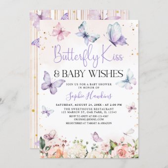 Purple Butterfly Kisses Baby Girl Baby Shower Invitation 