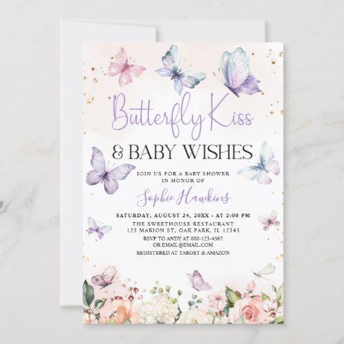 Purple Butterfly Kisses Baby Girl Baby Shower Invitation