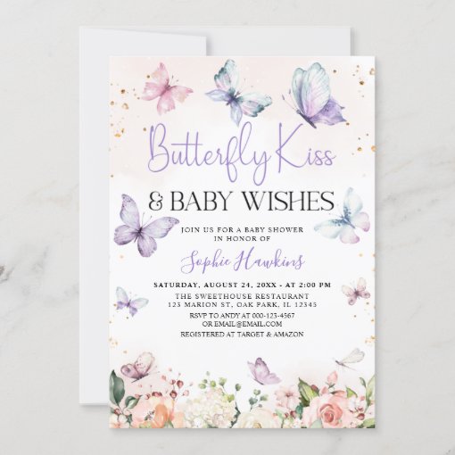 Purple Butterfly Kisses Baby Girl Baby Shower Invitation | Zazzle