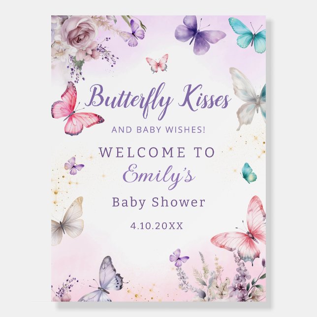 Purple Butterfly Kisses & Baby Wishes Baby Shower  Foam Board (Front)