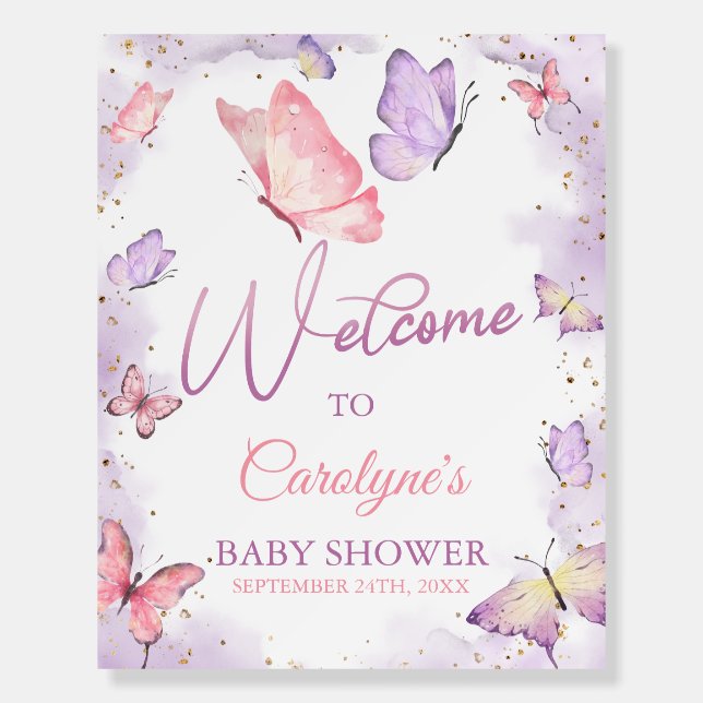 Purple Butterfly Kisses & Baby Wishes Baby Shower Foam Board (Front)
