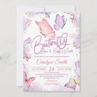 Purple Butterfly Kisses & Baby Wishes Baby Shower Invitation