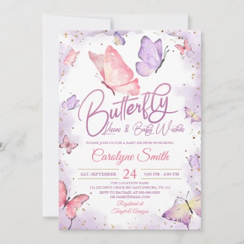 Purple Butterfly Kisses  Baby Wishes Baby Shower Invitation